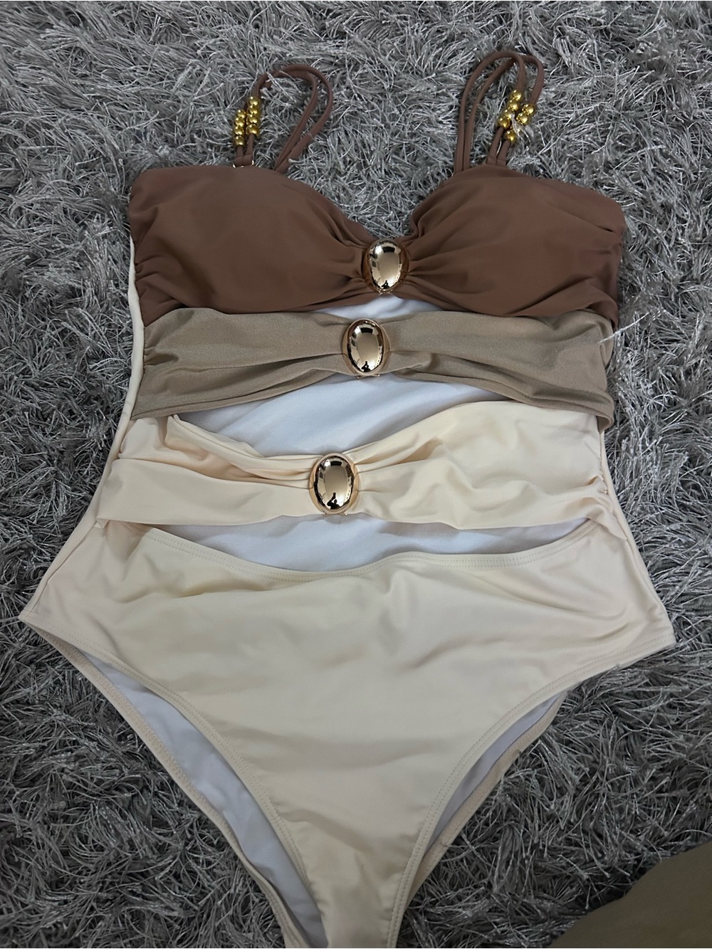SHEIN Brown Beige Cream Layered One-Piece Swimsuit with Gold Accents
